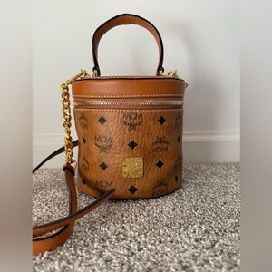 MCM Cognac Visetos Coated Canvas and Napa Leather Small Cylinder Bag